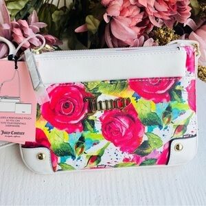 Juicy Couture White Multi Rose Floral Crossbody Bag + Matching Pouch NWT